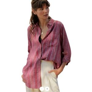 ANTHROPOLGIE PILCRO The Bo Boyfriend Embroidered Button Down Red Top Size Small